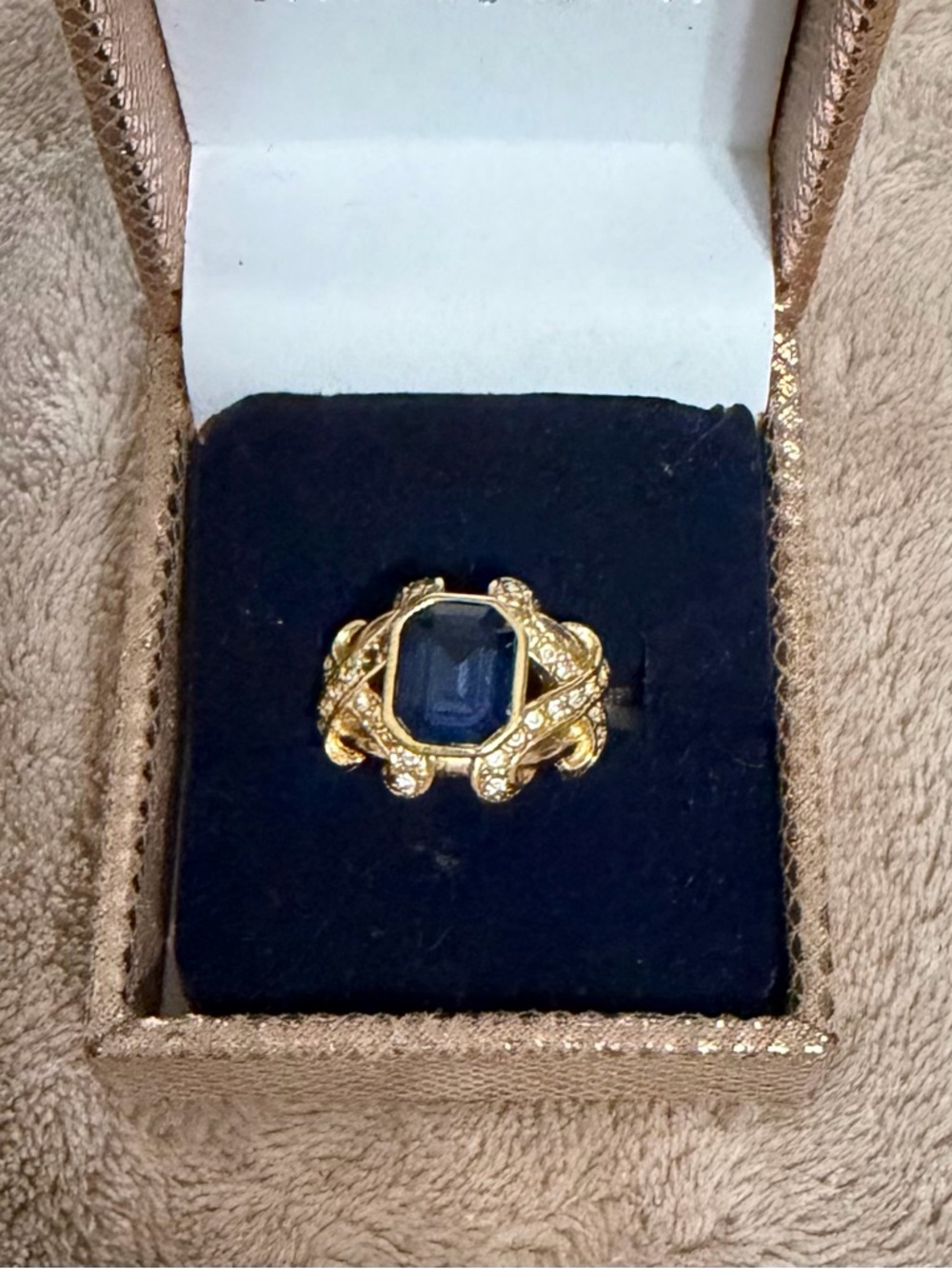 Gold-Plated Ring with Deep Blue Octagon Stone